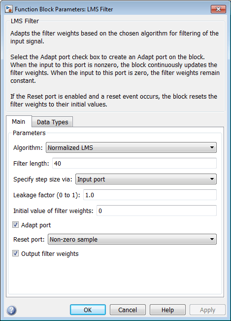 LMS Filter block dialog parameters. In the Main tab, Algorithm is set to Normalized LMS, Filter length is set to 40, Specify step size via parameter is set to Input port, Leakage factor is set to 1.0, Initial values of filter weights is set to 0, Adapt port parameter is selected, Reset port is set to Non-zero sample, and Output filter weights parameter is selected.