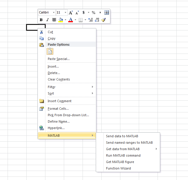 MATLAB options that contain Spreadsheet Link functionality