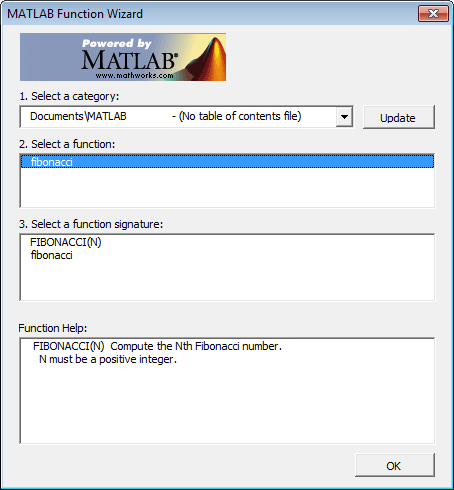 MATLAB Function Wizard contains the selected Documents\MATLAB category, fibonacci function, fibonacci function signatures, and the fibonacci function help.