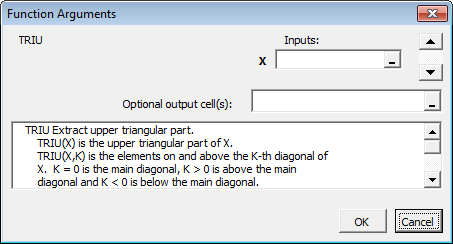 Function Arguments dialog box shows the selected triu function and its function help. The dialog box contains fields for entering the input and output arguments.