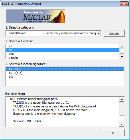 MATLAB Function Wizard contains the selected matlab\elmat category, triu function, triu(x) signature, and the triu function help.