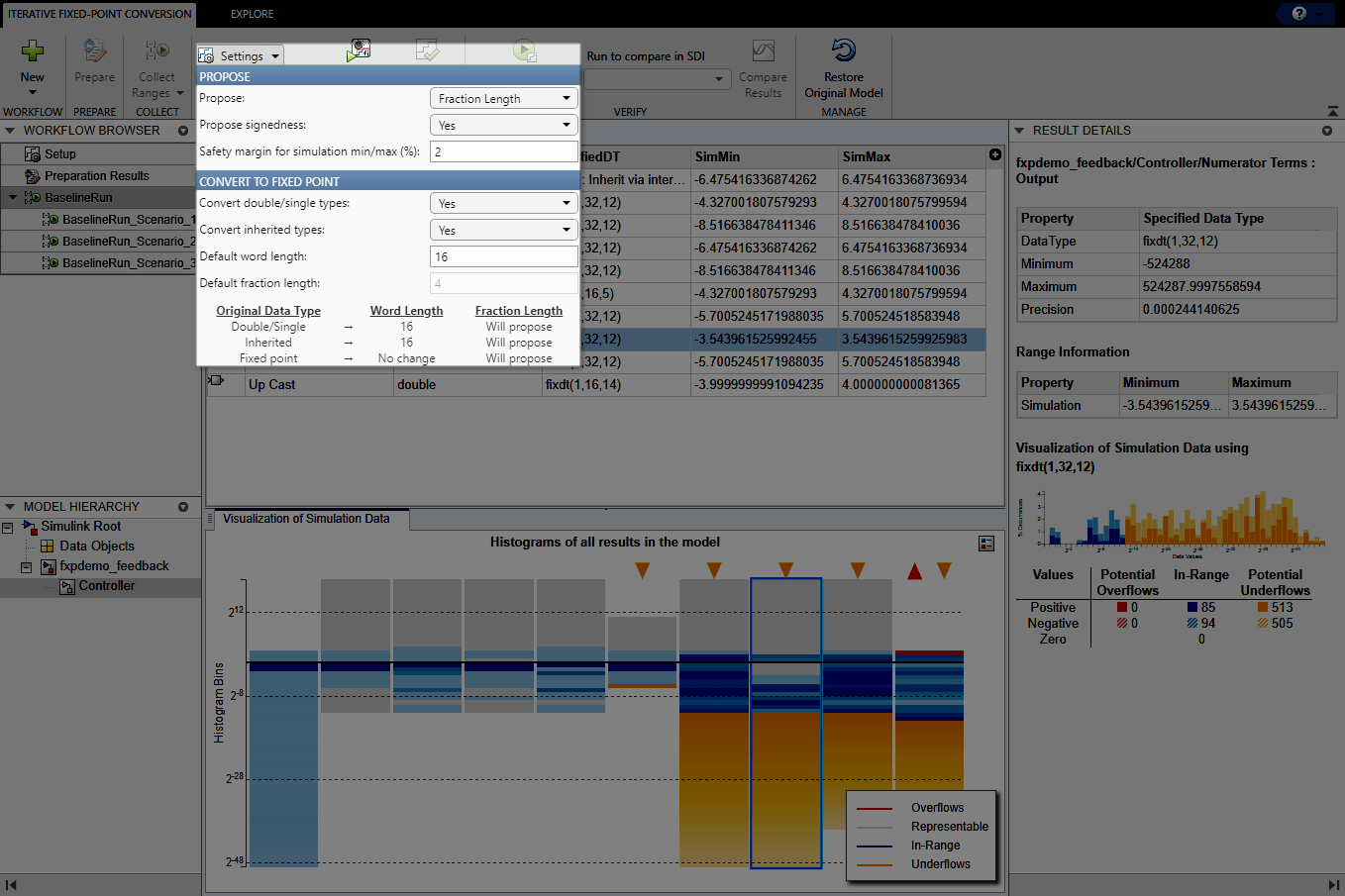 View of the Fixed-Point Tool after collecting ranges. The Settings menu is expanded and highlighted.