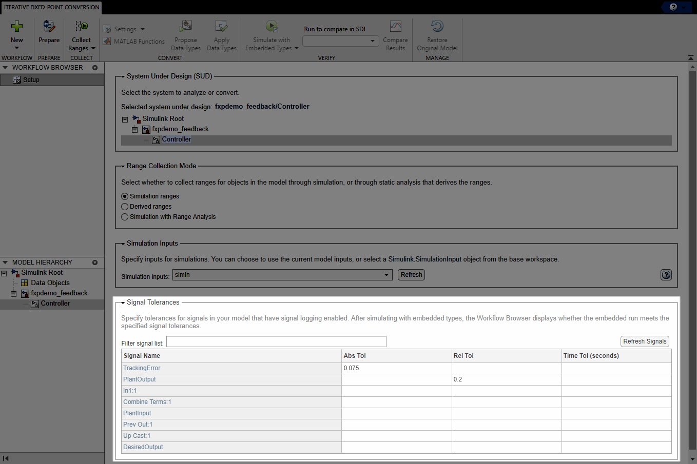 View of Setup pane in the Fixed-Point Tool. The Signal Tolerances section is highlighted.