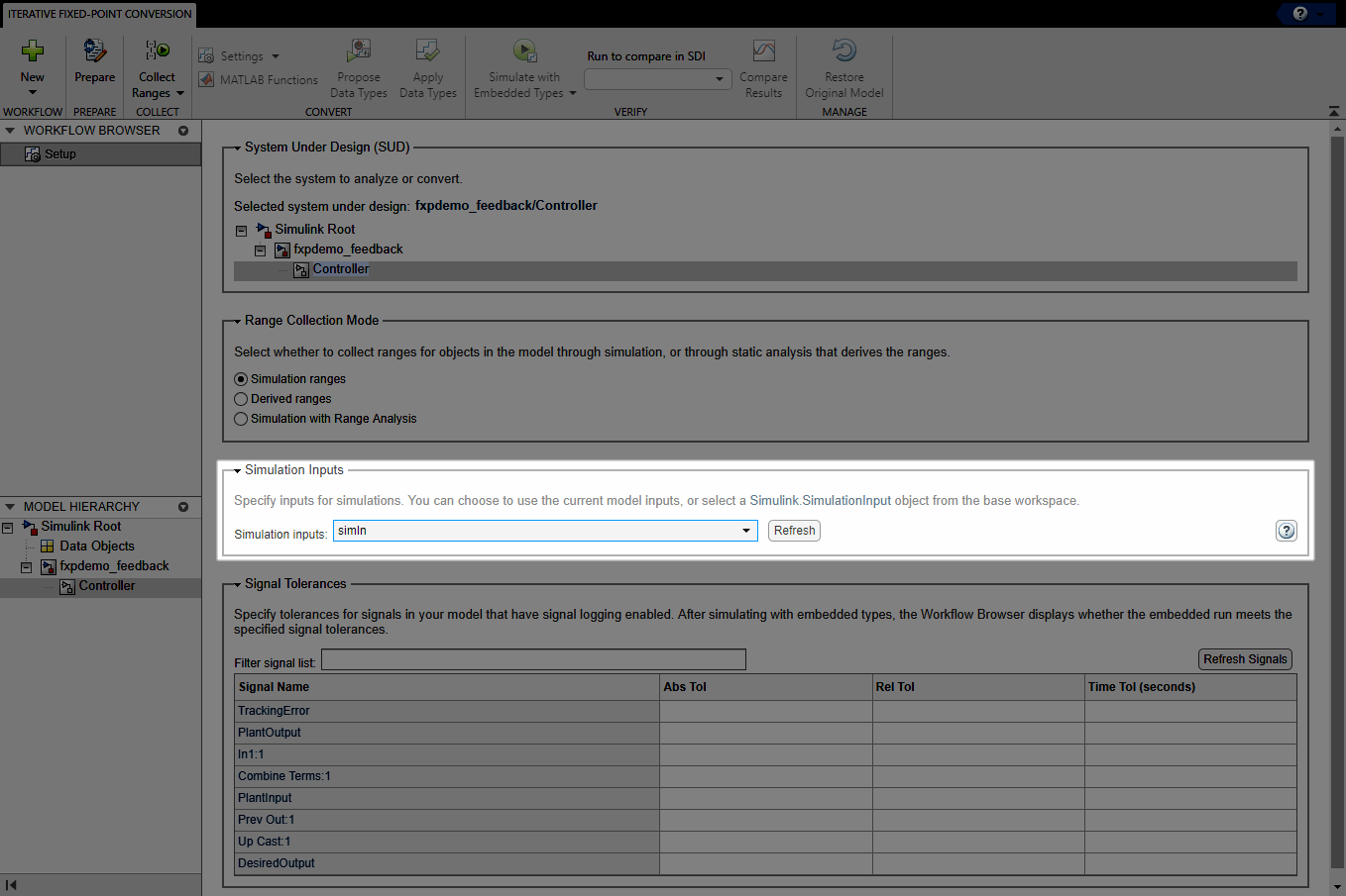 View of Setup pane in the Fixed-Point Tool. The Simulation Inputs section is highlighted.