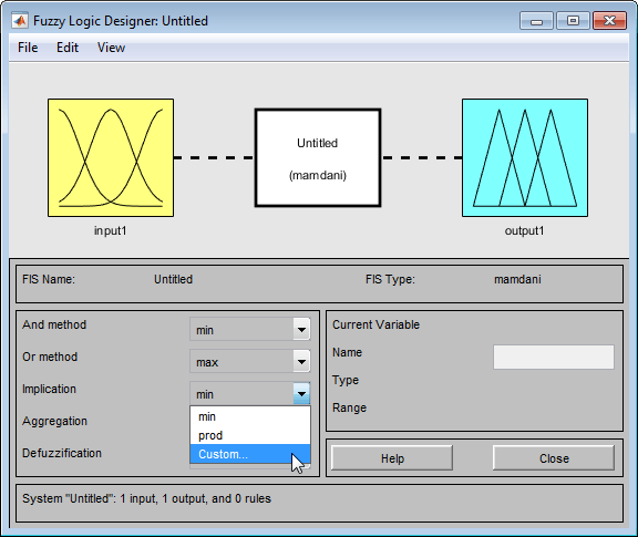 In Fuzzy Logic Designer, the Implication drop-down list is open with a cursor over the Custom selection.