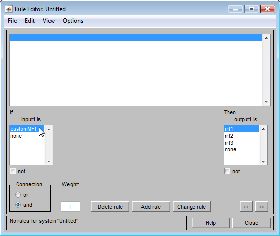 Rule Editor showing customMF1 in the input membership function selection list on the left