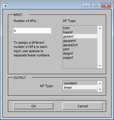 Add membership functions dialog box showing the selected number and type of input membership functions and the selected output membership function type.