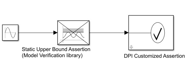 A sine-wave generator connected to a static upper bound assertion block, which is connected to a DPI customized assertion block