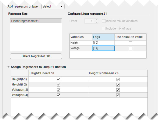 Regressor tab within Configure tab. The list of regressor sets and a button to delete a set is in the top left portion. The regressor configuration table is in the top right portion. The regressor assignments table is on the bottom.