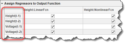 Assignment table. Regressor names are on the left. Linear Function selections are in the middle. Nonlinear Function selections are on the right