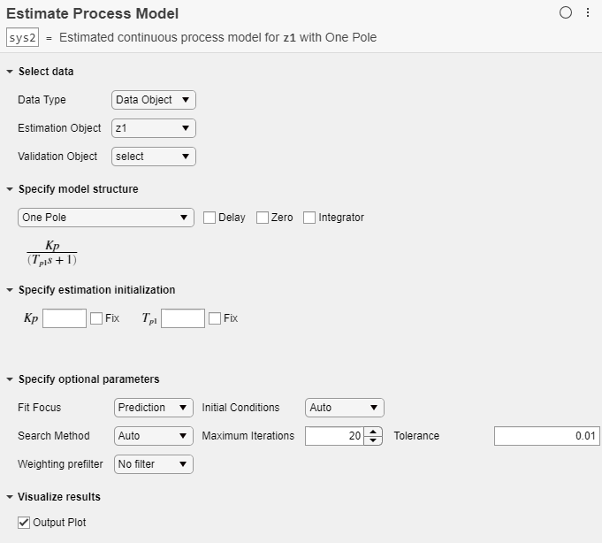 Estimate Process Model task in Live Editor