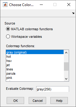 Colormap tool listing default MATLAB colormpa functions.