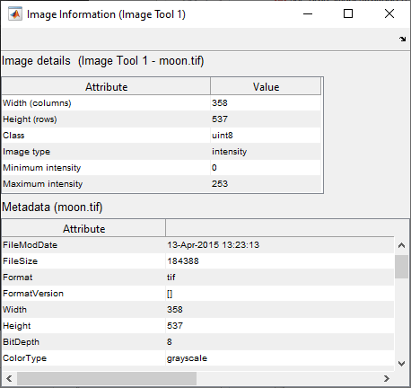 Image Information tool displaying image details and metadata.