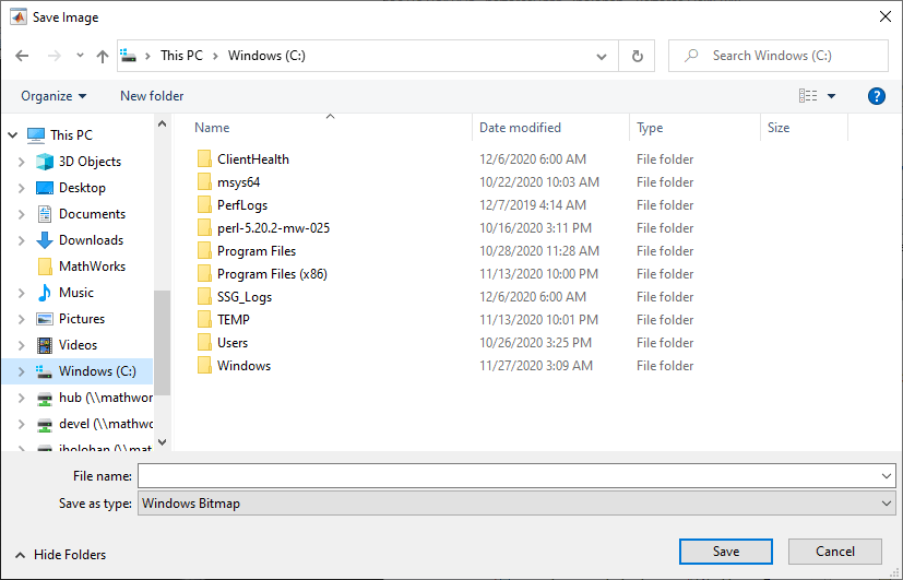 Save Image tool showing the contents of the current directory with controls to change the directory and specify the file name and file type.