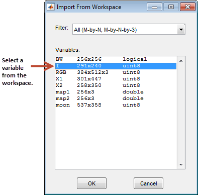 Import from Workspace menu showing the names, sizes, and data types of all workspace variables that represent viable image data.