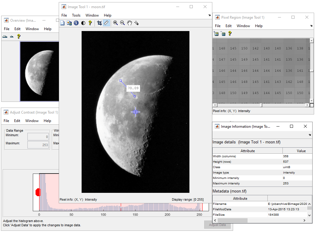 Grayscale image displayed in Image Viewer with the Distance tool open in the app figure window. An Overview tool, Adjust Contrast tool, Pixel Region tool, and Image Information tool are open in separate figure windows.
