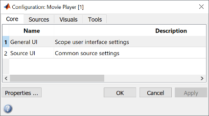 Configuration dialog box showing the Core tab with two settings: General UI and Source UI.