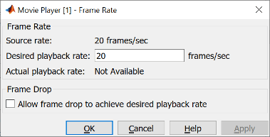 Frame Rate dialog box with the source rate at 20 frames/sec and a field to set the desired playback rate.
