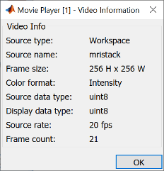 Video Information dialog box showing that the video is grayscale with frame height of 256 pixels, frame width of 256 pixels, data type of uint8, and other information.
