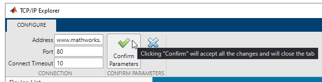 TCP/IP Explorer app with connection parameters.