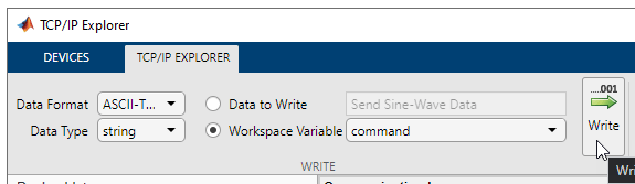 TCP/IP Explorer app Write section for ASCII data.