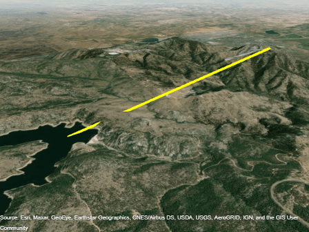 A 3-D line plotted from the surface of a reservoir to a point above a peak.