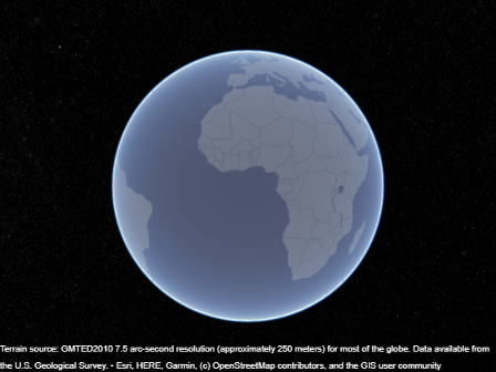 A geographic globe with the 'streets-dark' basemap.