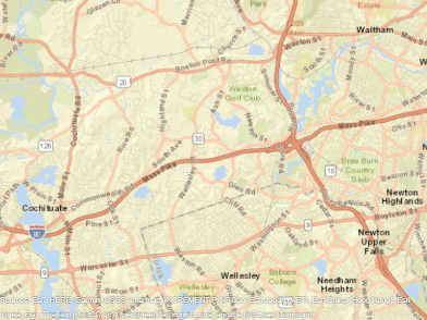 Map of an area around Eastern Massachusetts with labeled cities and roads