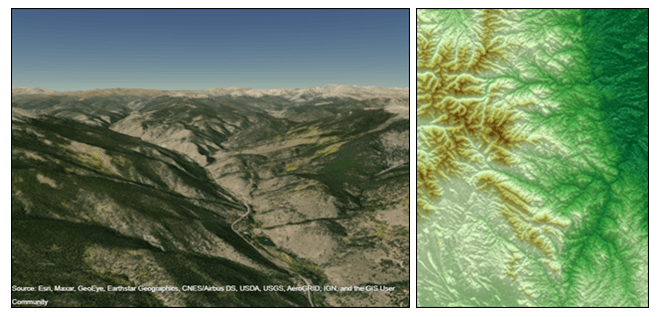 A globe display compared with a relief map. The globe display is a 3-D view of a mountainous region. The relief map shows terrain details using shading and lighting.