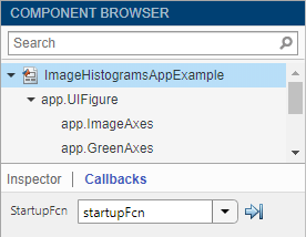 Component Browser showing the StartupFcn options for the ImageHistogramsAppExample app node.