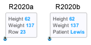 Comparison of data tips for R2020a and R2020b. The last row of the R2020a data tip shows Row 23 and the last row of the R2020b data tip shows Patient Lewis.