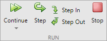 Debugging controls in App Designer. There are five buttons: Continue, Step, Step In, Step Out, and Stop.