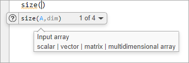 Code suggestion for the size function showing two input arguments, A and dim. The input argument A has the description "input array" underneath it.