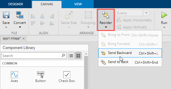 The Canvas tab of the Design View toolstrip. The reorder option is highlighted and is displaying a menu with the options "Bring to Front", "Bring Forward", "Send Backward", and "Send to Back".