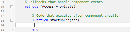 Function definition for the startupFcn. The function is in a private methods block, and has one input argument, named app.