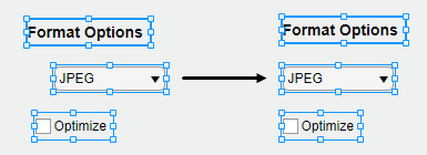 Alignment of a label, drop-down, and check box component. On the left, the components are not vertically aligned. On the right, their left edges are vertically aligned.