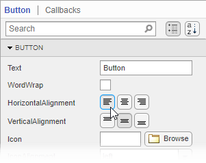 The Button tab of the Component Browser. The tab displays editable button properties such as Text, WordWap, and HorizontalAlignment, along with their values.
