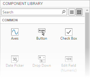 App Designer Component Library. The library lists common components, such as Axes, Button, and Check Box components.