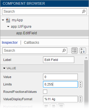 Component Browser with an numeric edit field component selected. The Limits property field is selected and contains the text "0,255".