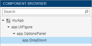 Component Browser. The text "app.OptionsPanel" is below and indented from "app.UIFigure", and "app.DropDown" is below and indented from "app.OptionsPanel".