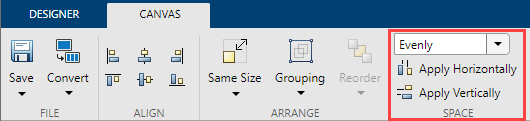 Canvas toolstrip tab in Design View. The Space section is highlighted.