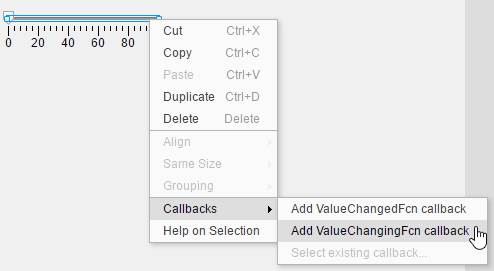 The context menu associated with a slider component. Under the Callbacks menu item, there are options to add a ValueChangedFcn callback or a ValueChangingFcn callback.