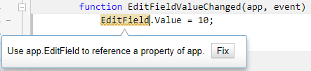 Code Analyzer message for an edit field callback. The code in the function body sets EditField.Value. The message says "Use app.EditField to reference a property of app" and includes a button labeled "Fix".