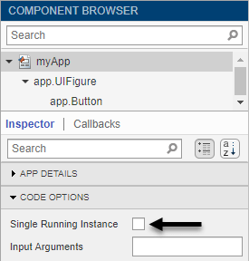 Component Browser Inspector for the app node. The Code Options section is expanded and shows the Single Running Instance check box.