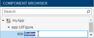 Component Browser showing the name of a figure and a button component. The name of the button is app.Button, and the text "Button" is highlighted and editable.