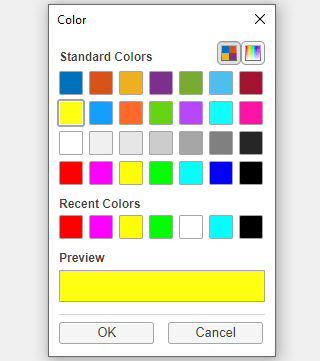Color picker dialog box that shows the standard colors, recent colors, and preview of the default color which is set to yellow