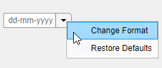 A context menu for a date picker component. The context menu has two menu items called "Change Format" and "Restore Defaults".