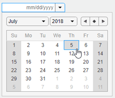 An expanded date picker that displays drop-down menus for month and year, and the calendar for your selection. It also has icons that switch the calendar view to the previous month, the current date, or the next month.