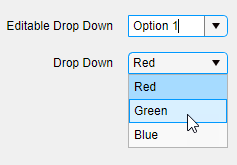 Two drop-down components. The top drop-down is editable and collapsed. The bottom drop-down component is not editable. It is expanded and shows items "Red", "Green", and "Blue".