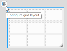 Grid layout manager shown as selected on the App Designer canvas. The cursor is over the configure icon, and a tooltip next to it says "Configure grid layout".